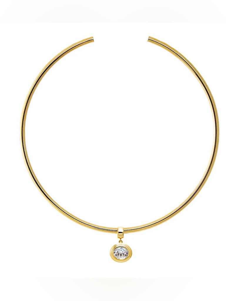 Gold Plated Choker Collar Necklace With Oval Bezel Cz Pendant